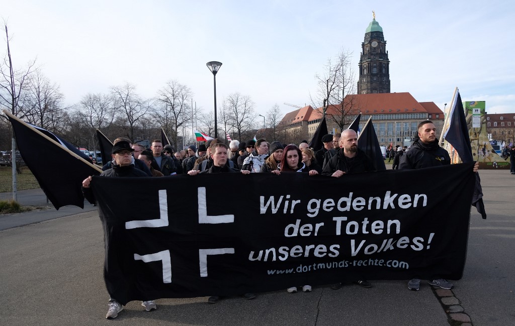 15 February 2020, Saxony, Dresden: Participants of a right-wing demonstration gather in the centre of the city. The occasion is the anniversary of the destruction of Dresden in 1945. Photo: Sebastian Willnow/dpa-Zentralbild/dpa
